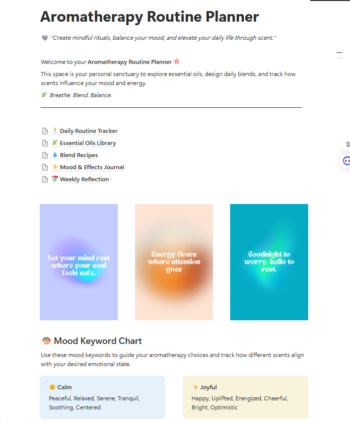 Aromatherapy Routine Organizer | Notion Template for Essential Oils, Blend Recipes & Mood Tracking