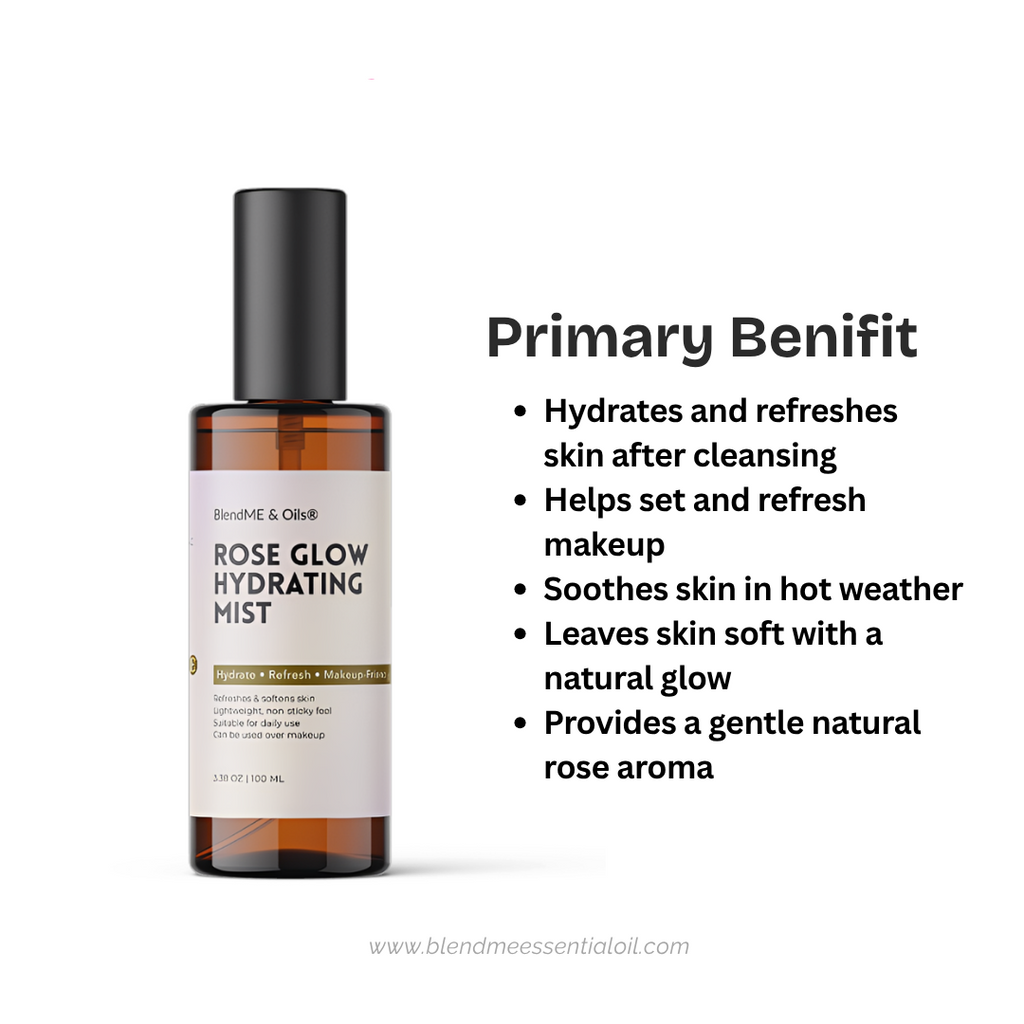Rose Glow Hydrating Mist bottle with benefits listed on a white background